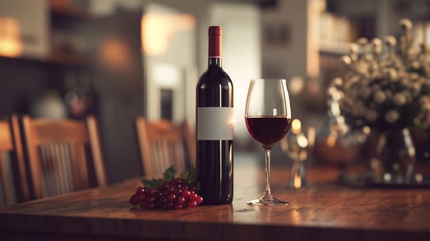 A bottle and glass of red wine with grapes on a table.