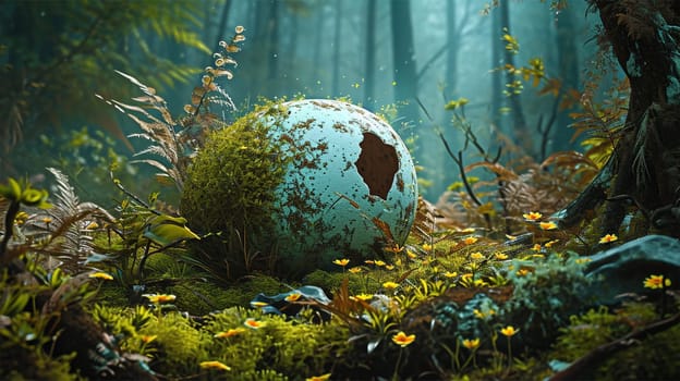 Forest hugging the egg.A mossy eggshell located in a mystical forest.