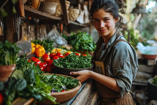 A smiling woman arranges fresh vegetables at a rustic farmer's market stand.
