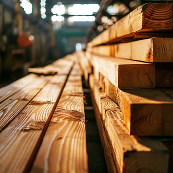 Freshly cut wooden planks stacked in stacks at a woodworking plant.