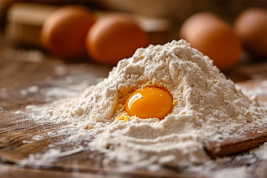 A fresh egg on a pile of flour and other eggs in the background.