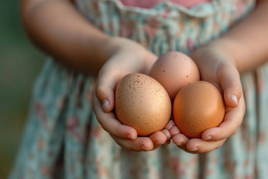 child hands holding fresh farm eggs