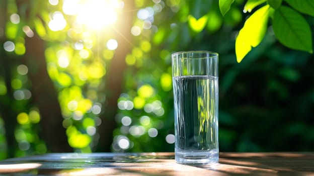 A tall glass of clear water set on an outdoor wooden table.concept of drought and lack of clean drinking water