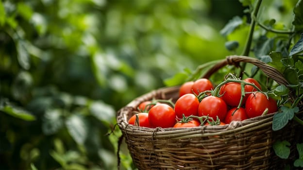 full of red tomato in large green garden , tree plant ,healthy food