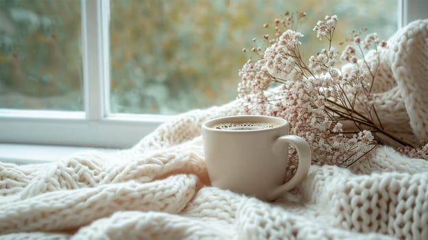 Cozy Easter, spring still life. Coffee cup with knit blanket on windowsill.