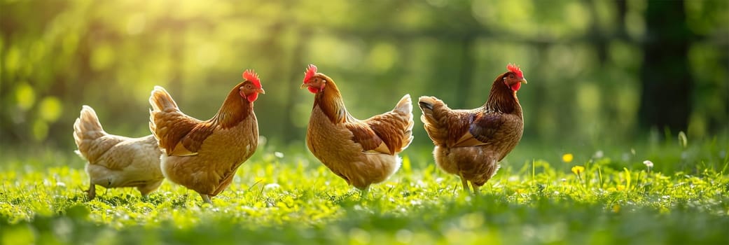 A Hens wandering in a lush green field bathed in warm sunlight.