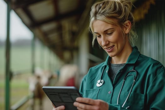 A female veterinarian in a green coat smiling as she uses a tablet on a cattle farm.