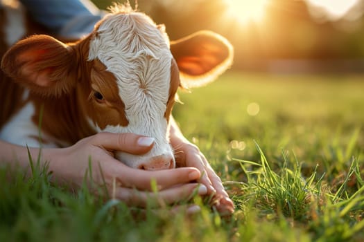 Gentle hands caressing a young calf on a sunlit pasture.