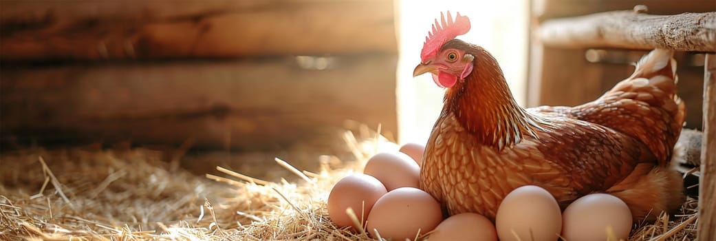 A hen sits over her eggs in a barn filled with straw at dawn.