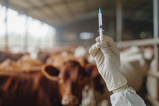 A veterinarian prepares a syringe to vaccinate cattle in a barn on a farm