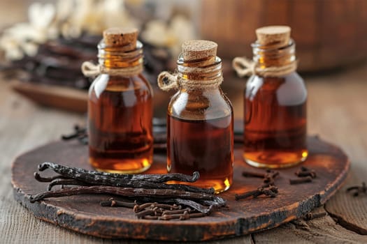 Three small bottles of vanilla extract alongside scattered vanilla pods.