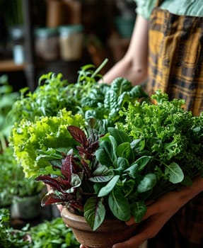 Variety of Fresh Herbs in Market. Close-up of assorted leafy greens and herbs held by a vendor at a local market.