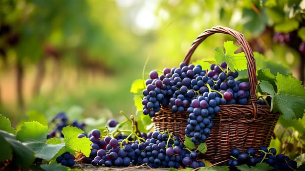 Ripe grapes in basket on sunny vineyard.full of dark grapes in a large green garden