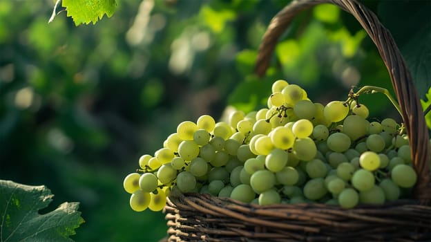 full of green grapes in the depths of a large green garden, under the tree, healthy food
