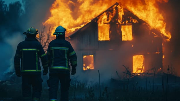 firefighters in overalls go to a burning house .
