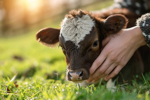Gentle hands caressing a young calf on a sunlit pasture.