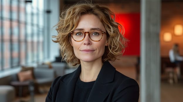Professional woman with curly hair in a business suit at a modern office.