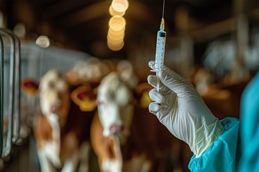 A veterinarian prepares a syringe to vaccinate cattle in a barn on a farm