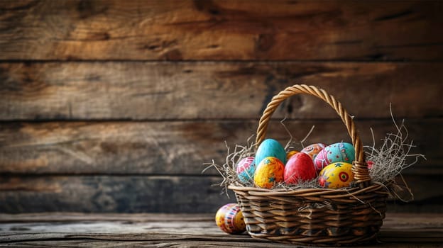 Wicker basket filled with decorated Easter eggs and fresh snowdrop flowers in a rustic wooden setting.