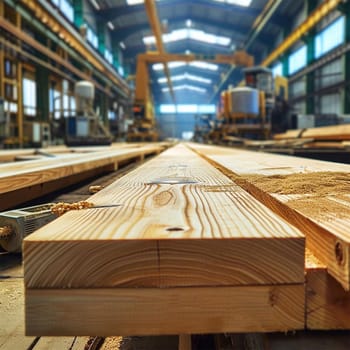 Close-up of processed wooden planks in a carpentry workshop.