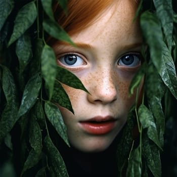 Close-up of a young girl with captivating blue eyes looking through lush green leaves.