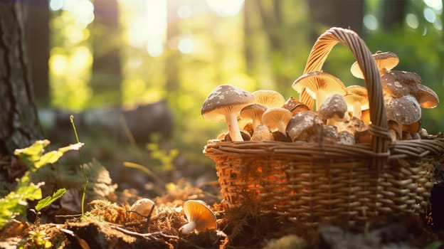Sunlit mushrooms in a basket on forest floor.