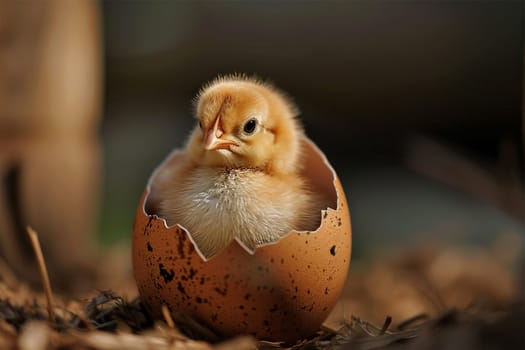 yellow chick hatched from an egg . A tiny chick nestled within a broken eggshell.