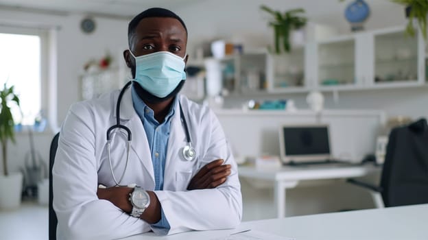 Professional maleAfrican American doctor with arms crossed wearing a mask in a medical clinic.