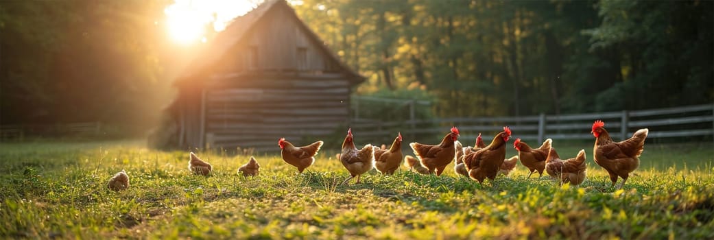 A flock of Chickens feeding in the golden light of a sunrise outside a barn symbolizes free-range farming.