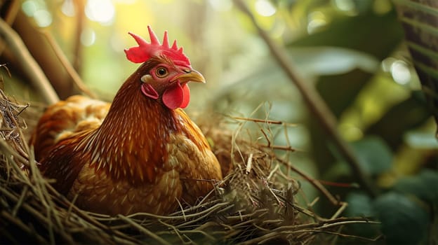: A red hen peering out from a rustic nest amidst dry grass.