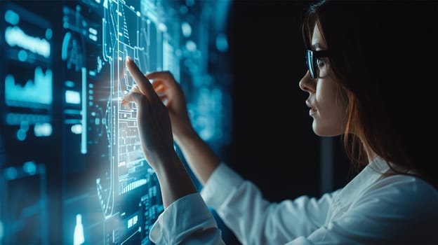 Woman in lab examining digital data on a high-tech transparent screen. Software for archiving, searching and managing corporate files