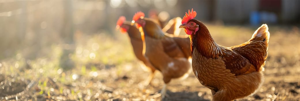 chickens walk under the sun on the farm in warm sunlight.