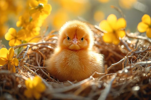 A fluffy chick surrounded by yellow flowers in a straw nest.poster for happy mother day from chicken egg manufacturer