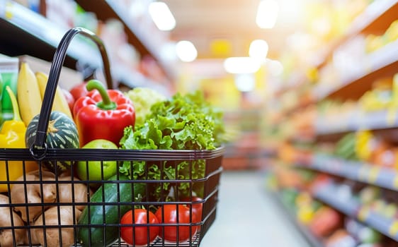 Shopping basket with fresh food. Grocery supermarket with abstract blur grocery store aisle defocused background,