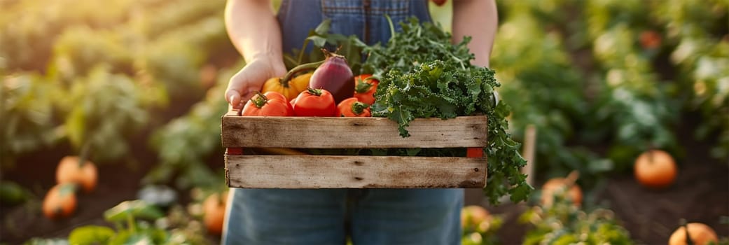 Farmer holding a wooden crate brimming with fresh, colorful vegetables in a sunlit field. Harvest field