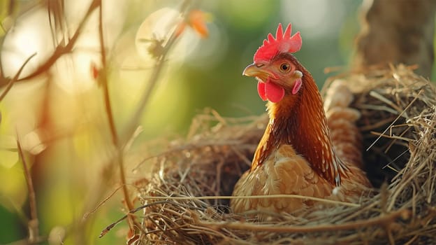 : A red hen peering out from a rustic nest amidst dry grass.