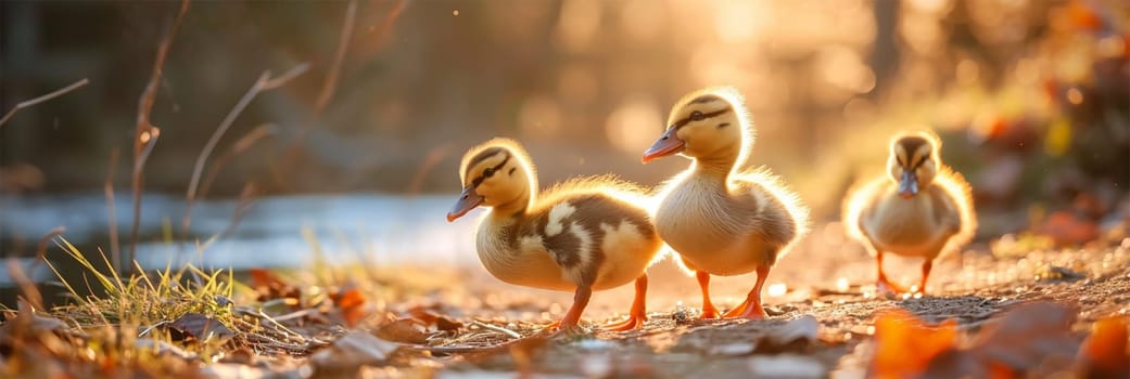 ducklings walk under the sun on the farm .