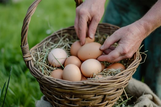 The hands of an elderly farmer fold eggs into a basket full of organic eggs.