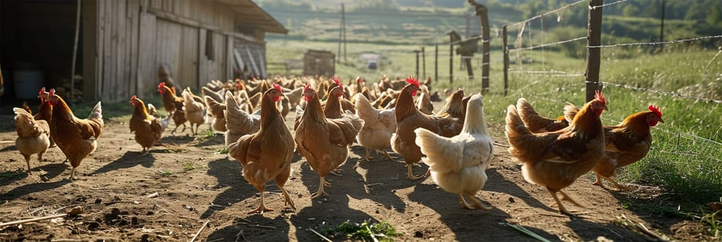 A group of Hens wandering in a lush green field bathed in warm sunlight.