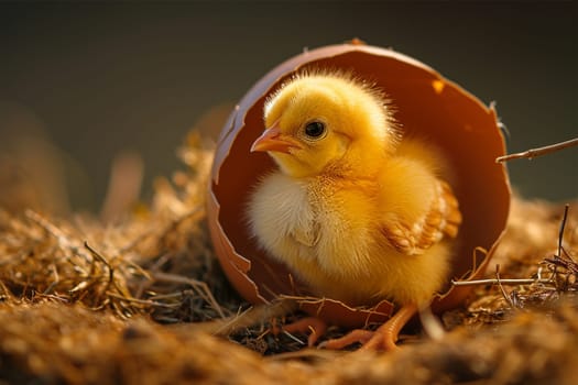 A tiny yellow chick nestled within a broken eggshell.