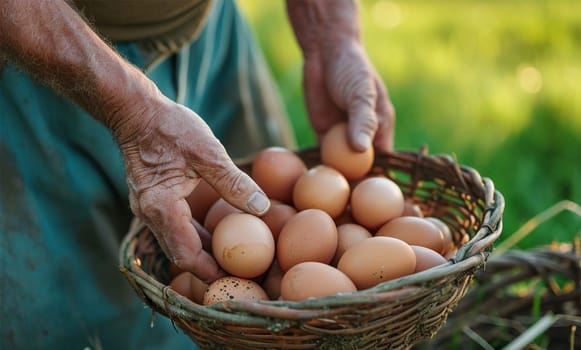 hands putting eggs in a basket on a farm .