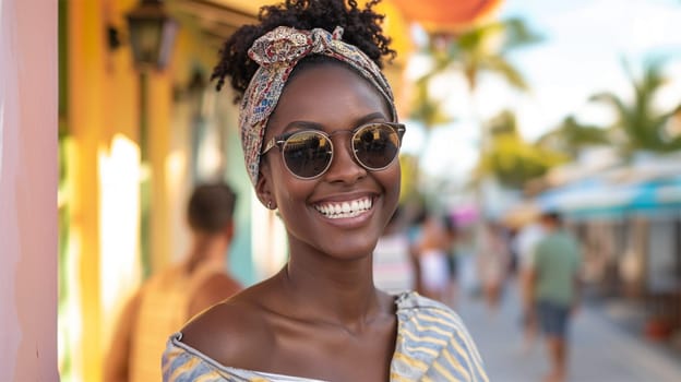 Joyful African woman in sunglasses and headscarf, smiling outdoors.