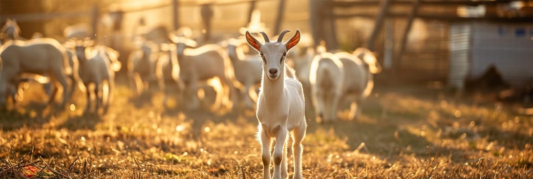 Goat Herd at Sunset. A curious goat stands out in a herd bathed in the golden light of sunset.