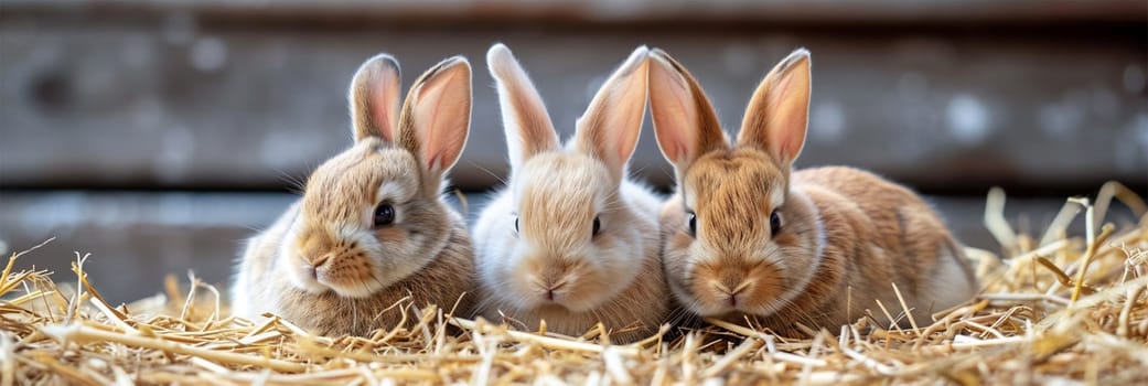 Cute little rabbits are sitting on the straw at the farm relaxing