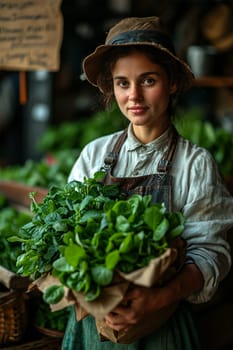 A woman vendor in a hat proudly displaying fresh spinach at a farmer's market.