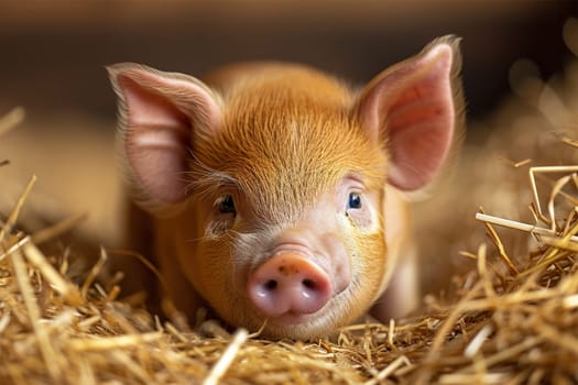 Adorable piglet with large ears lying comfortably in barn straw.