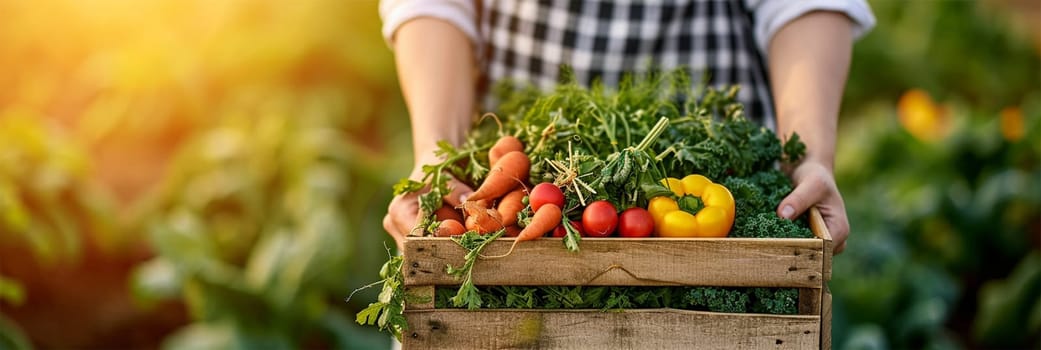 farmer's female hands hold a wooden box with fresh vegetables. Harvest field .