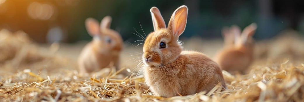 Three rabbits in a straw bedding, bathed in soft light at the farm .