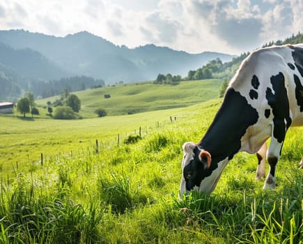 a black and white cow grazing in a sunny meadow, with a soft focus on the background