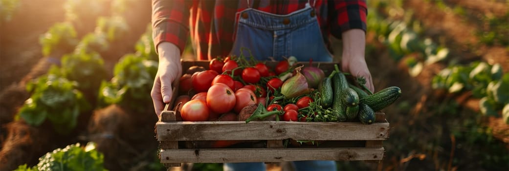 Harvest field .Farmer holding a wooden crate brimming with fresh, colorful vegetables in a sunlit field.